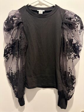 Esley Black Puff Lace Mesh Sleeve Sweatshirt